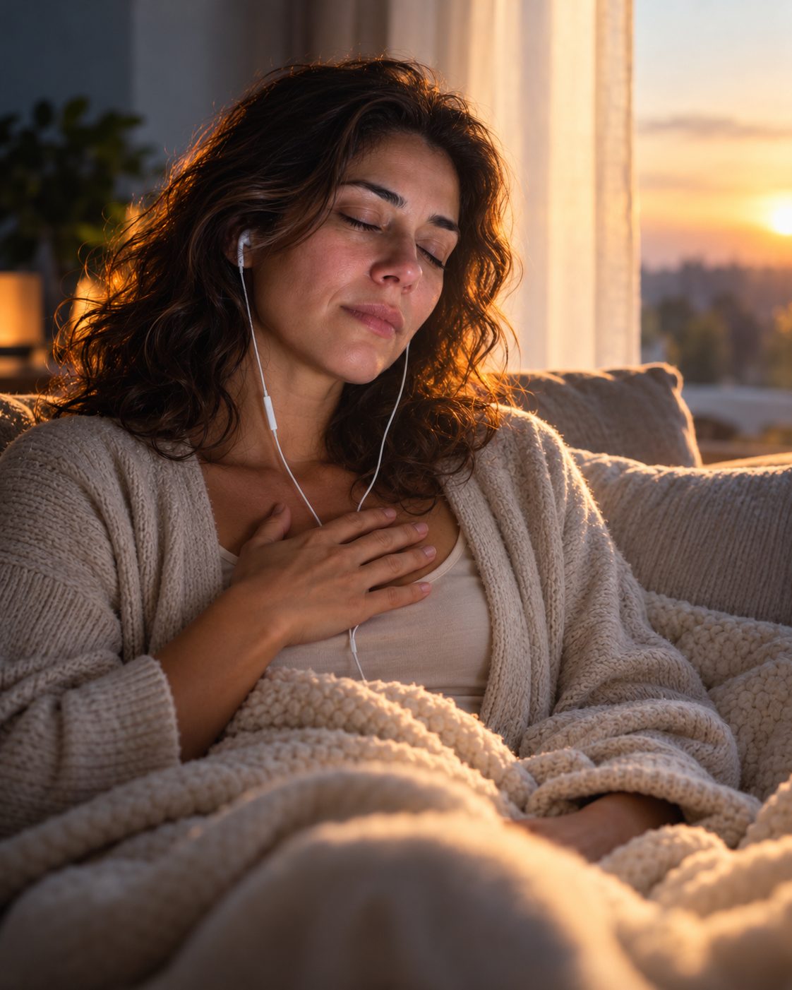 Una mujer escucha una meditación guiada con los ojos cerrados