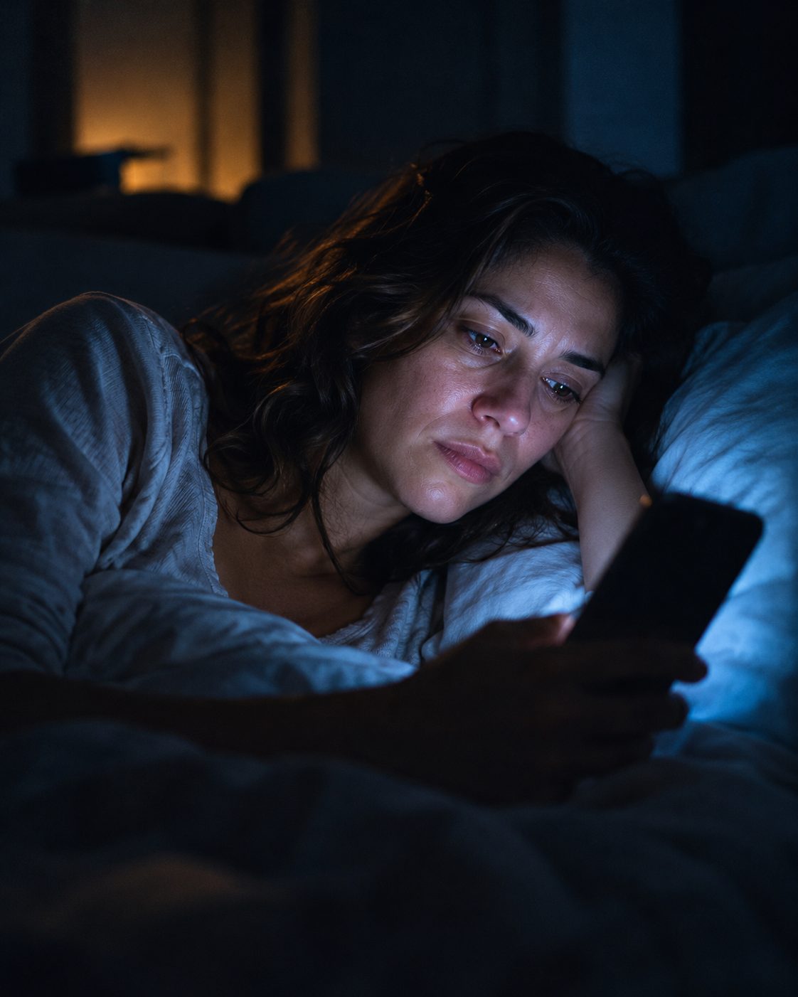 Una mujer despierta de madrugada con el celular en la oscuridad