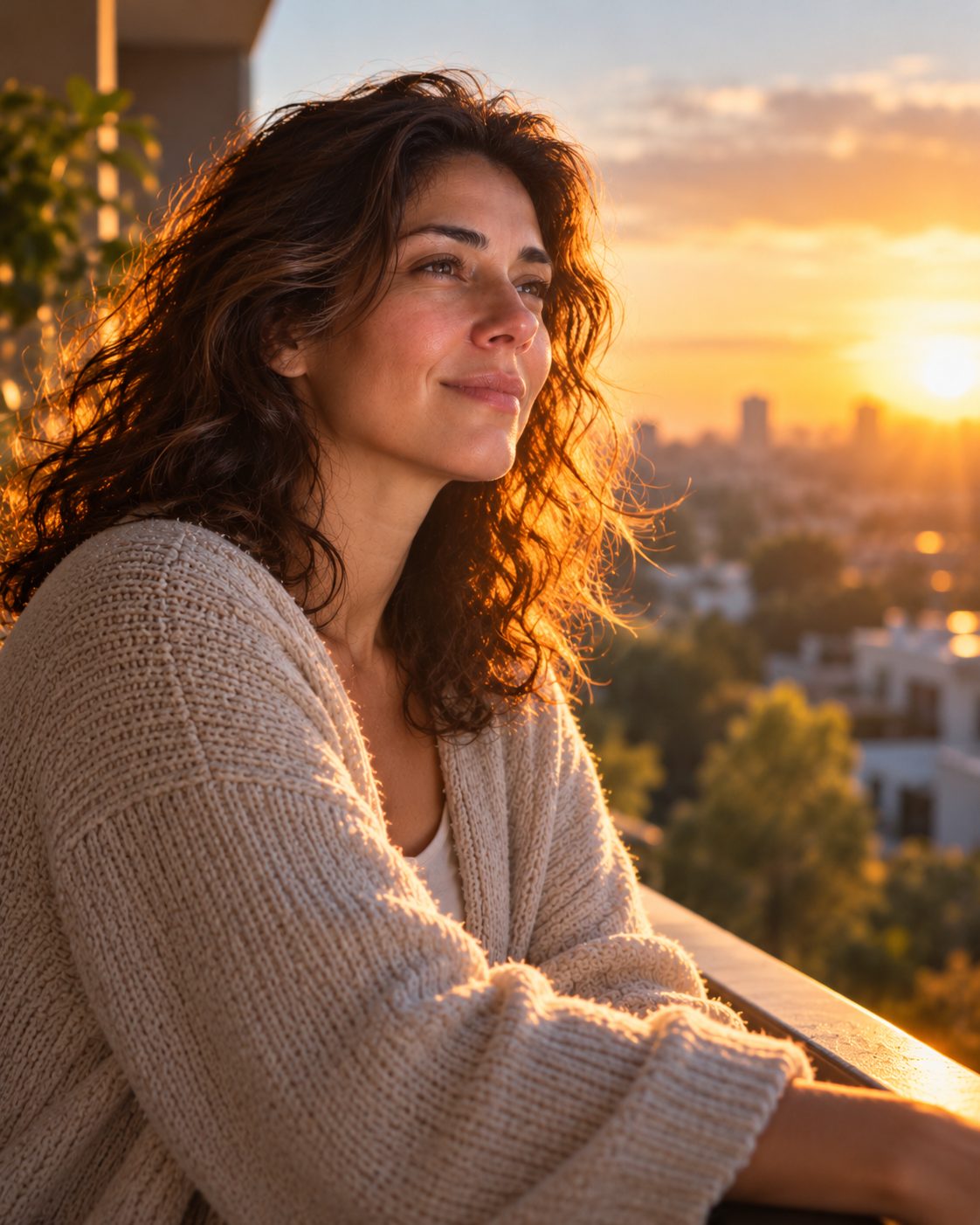 Una mujer sonríe con serenidad mirando el amanecer