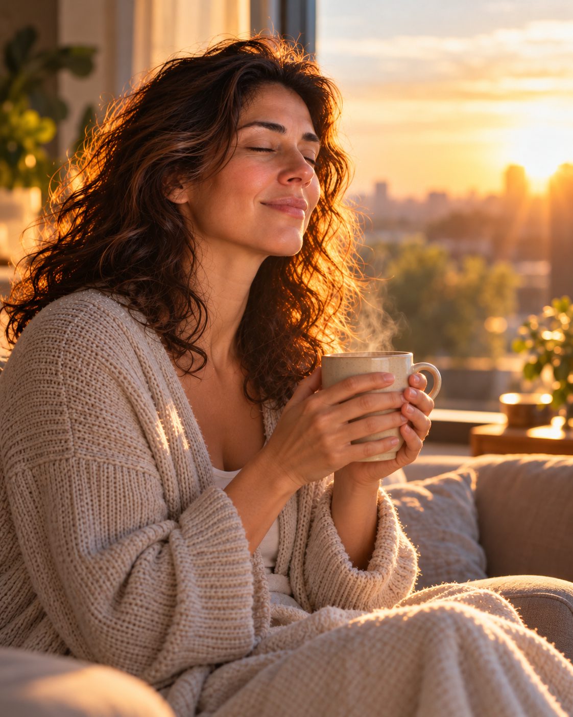 Una mujer junto a la ventana al amanecer respira profundo con una taza entre las manos